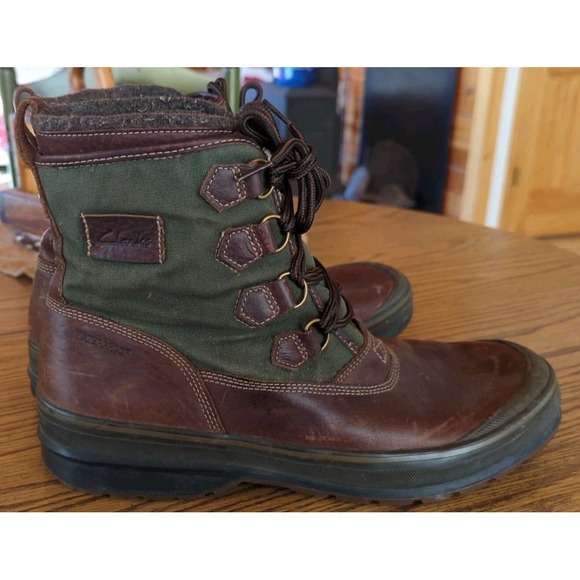 Vintage Clarks Green Canvas‎ Brown Leather Wool Lined Boots 11 M Waterproof main image 9